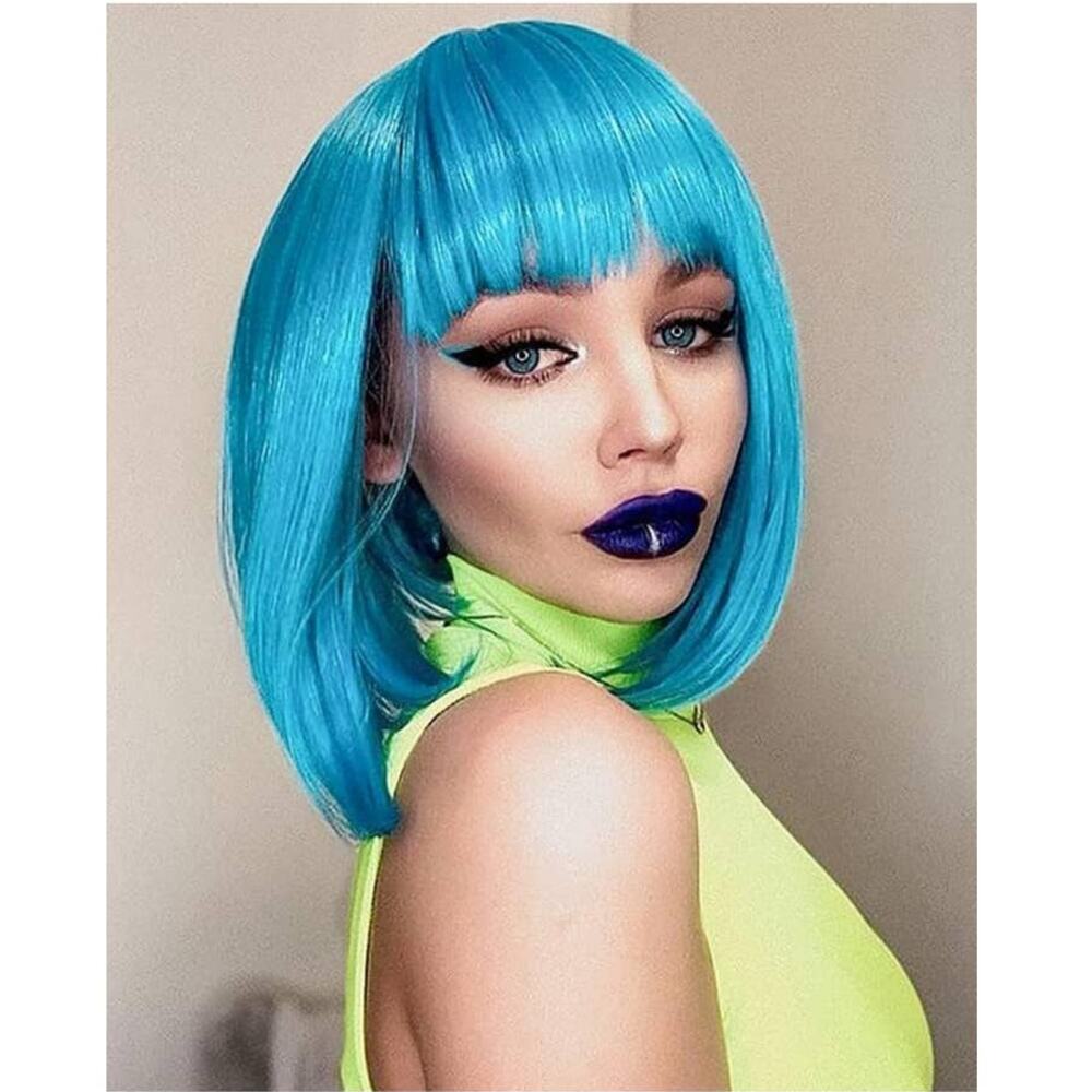 Short Synthetic 12 Inch Straight Blue Bob Wig with Bangs for Cosplay